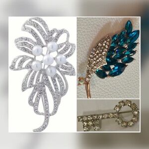 3pc Rhinestone Brooch Bundle Pearl Floral Leaf + Key Pin Set